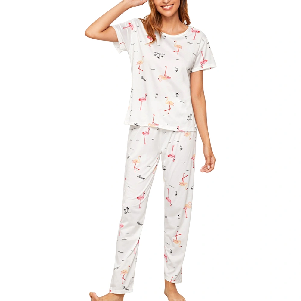 Pajamas Set Short Sleeved Top Stylish Printing Pattern Breathable Loose Round Neck Nightwear with Long Pants White Bird XL