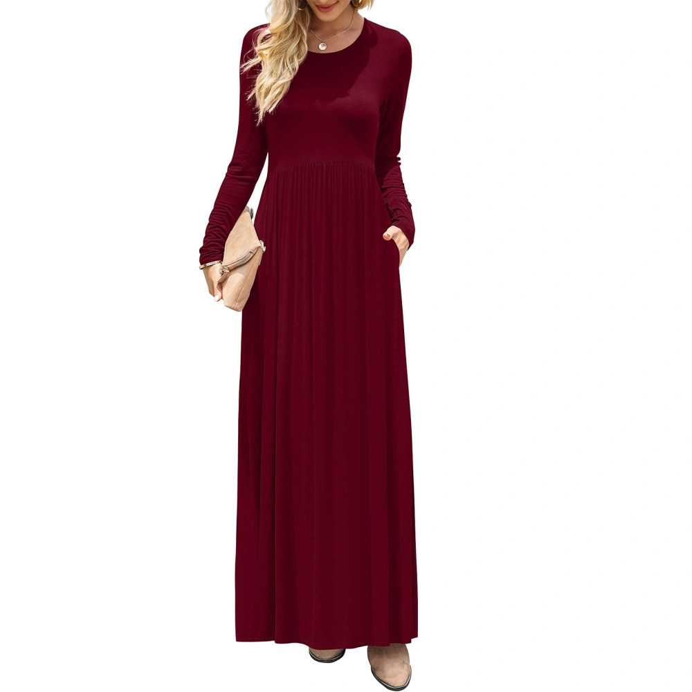 Women Round Neck Long Sleeve Dress Loose Plain Maxi Dresses Side Pockets Casual Long Dresses Wine Red S