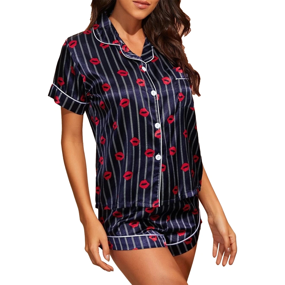 Pyjamas Suit Unique Pattern V Neck Button Pocket Comfortable Two Pieces Short Sleepwear for Women Type1 S