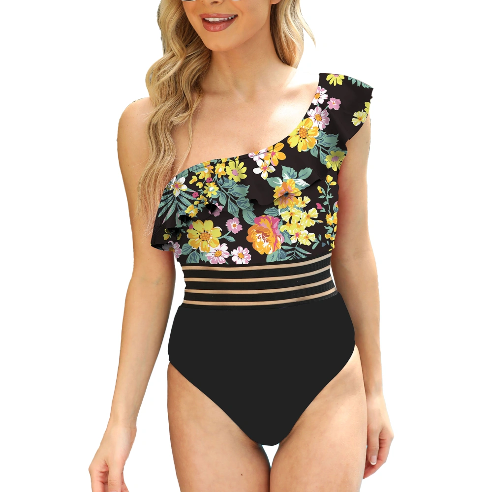 Women Swimsuit One Piece One Shoulder Backless Stretchy Breathable Bathing Suit for Beach Party Black Floral L