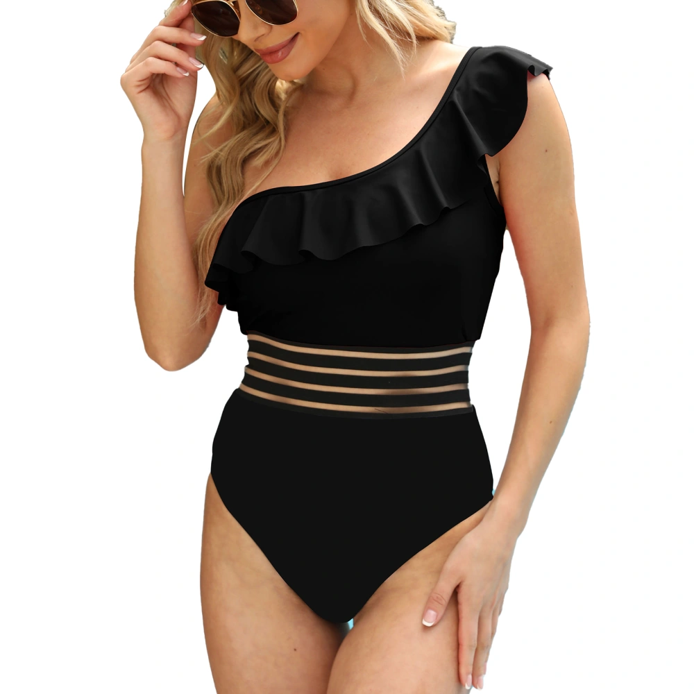 Women Swimsuit One Piece One Shoulder Backless Stretchy Breathable Bathing Suit for Beach Party Black S