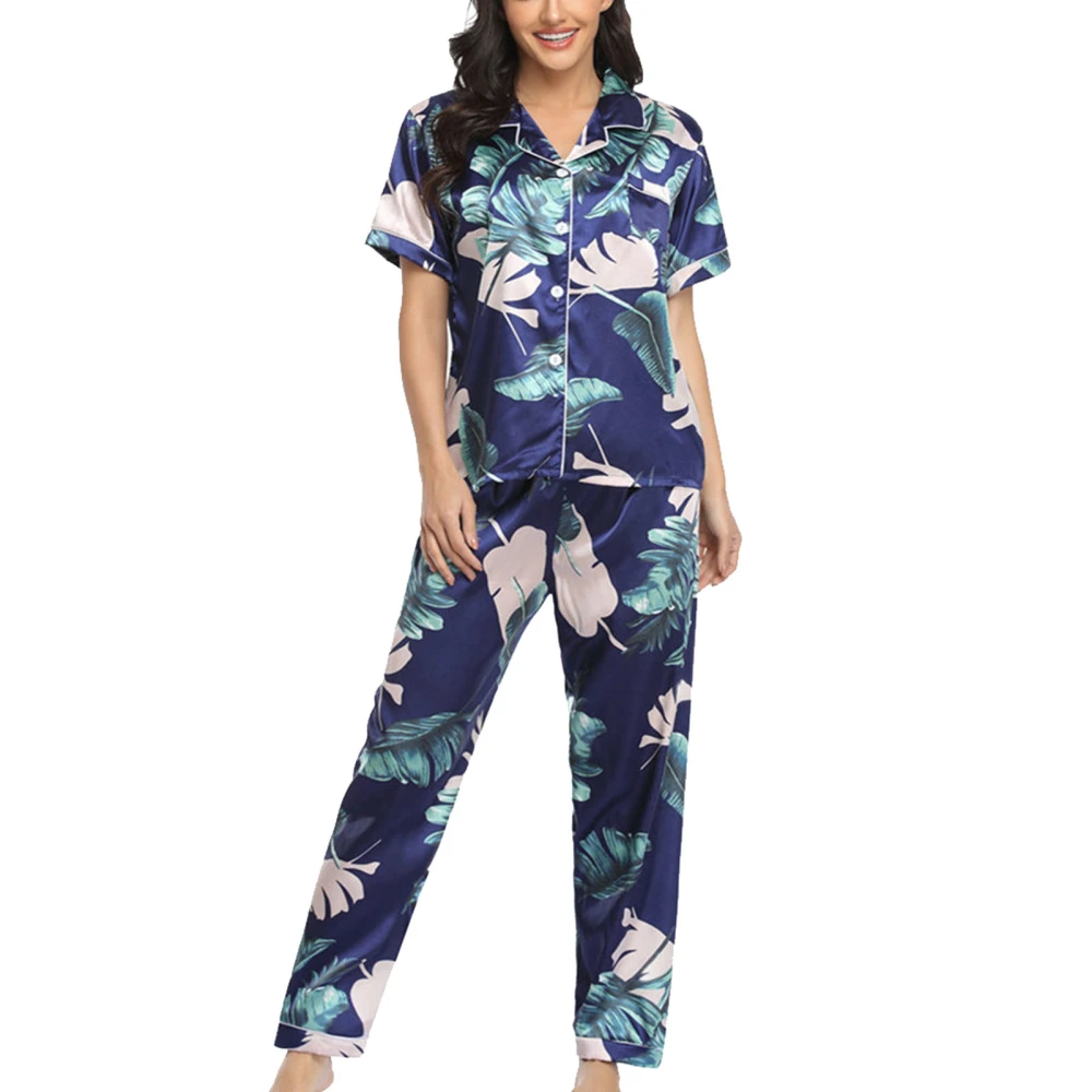 Women Two Piece Pajamas Silky Short Sleeve Top Pant Set V Neck Button Down Fashion Summer Sleepwear Loungewear Type 2 S