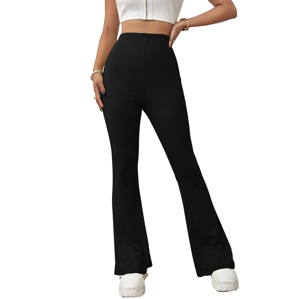 Knit Casual Trousers High Waist Belt Free Slight Flared Pure Color Polyester Fiber Stretchy Trousers for Dating Work Black M