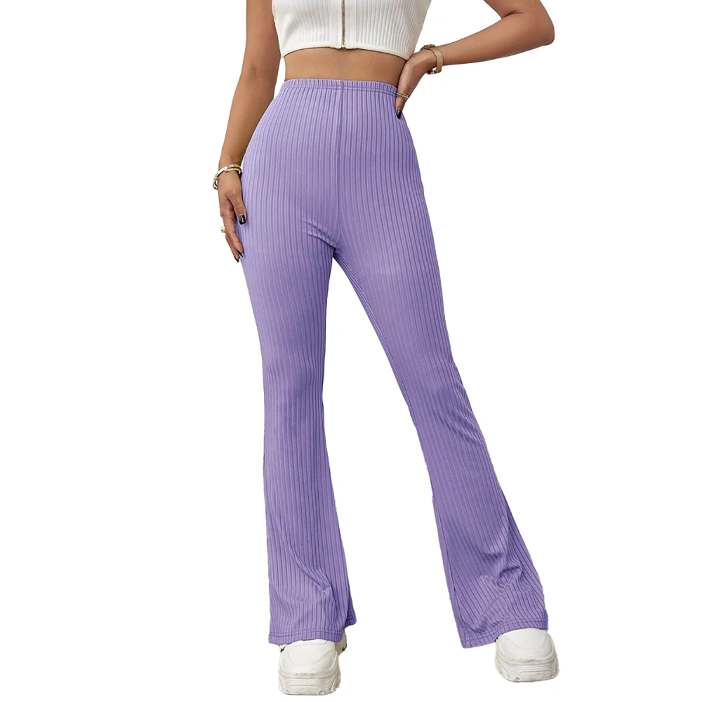 Knit Casual Trousers High Waist Belt Free Slight Flared Pure Color Polyester Fiber Stretchy Trousers for Dating Work Purple L