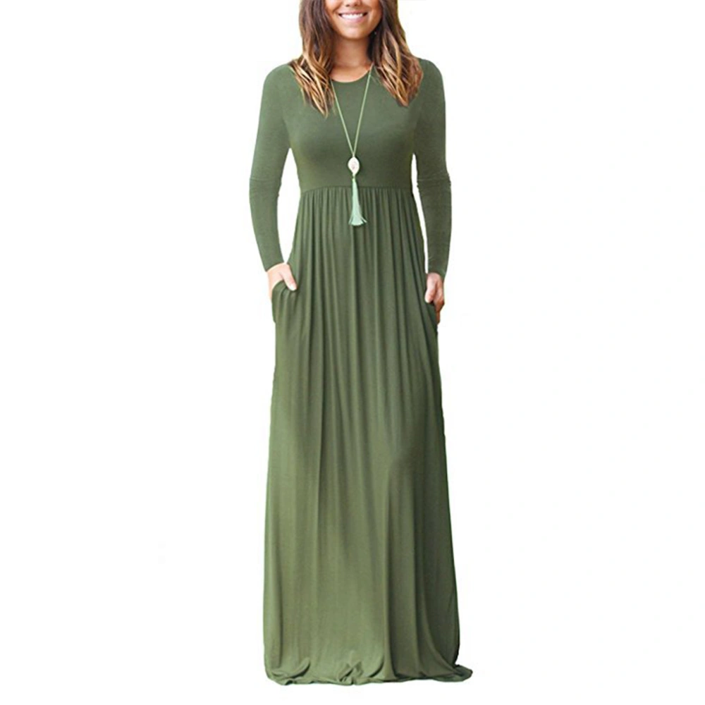 Women Round Neck Long Sleeve Dress Loose Plain Maxi Dresses Side Pockets Casual Long Dresses OD Green S