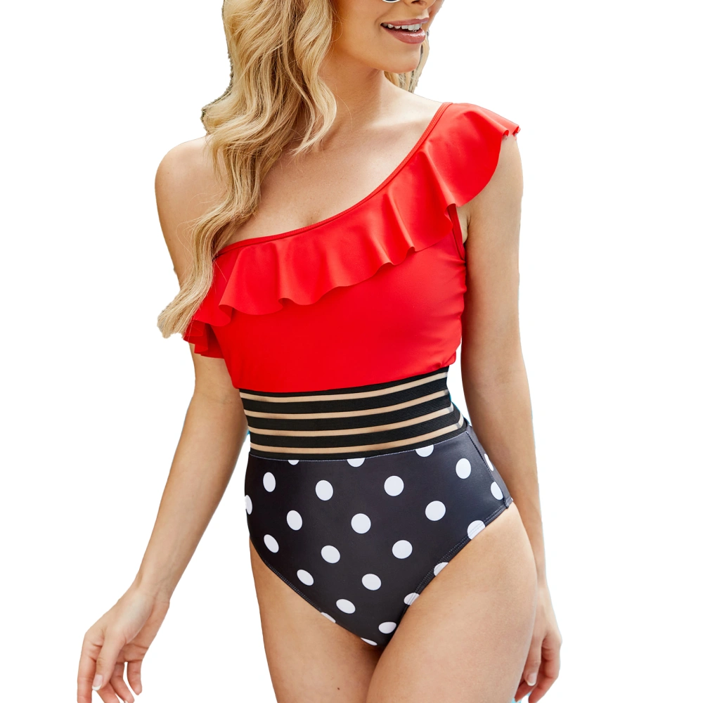 Women Swimsuit One Piece One Shoulder Backless Stretchy Breathable Bathing Suit for Beach Party Red Polka Dot XXL