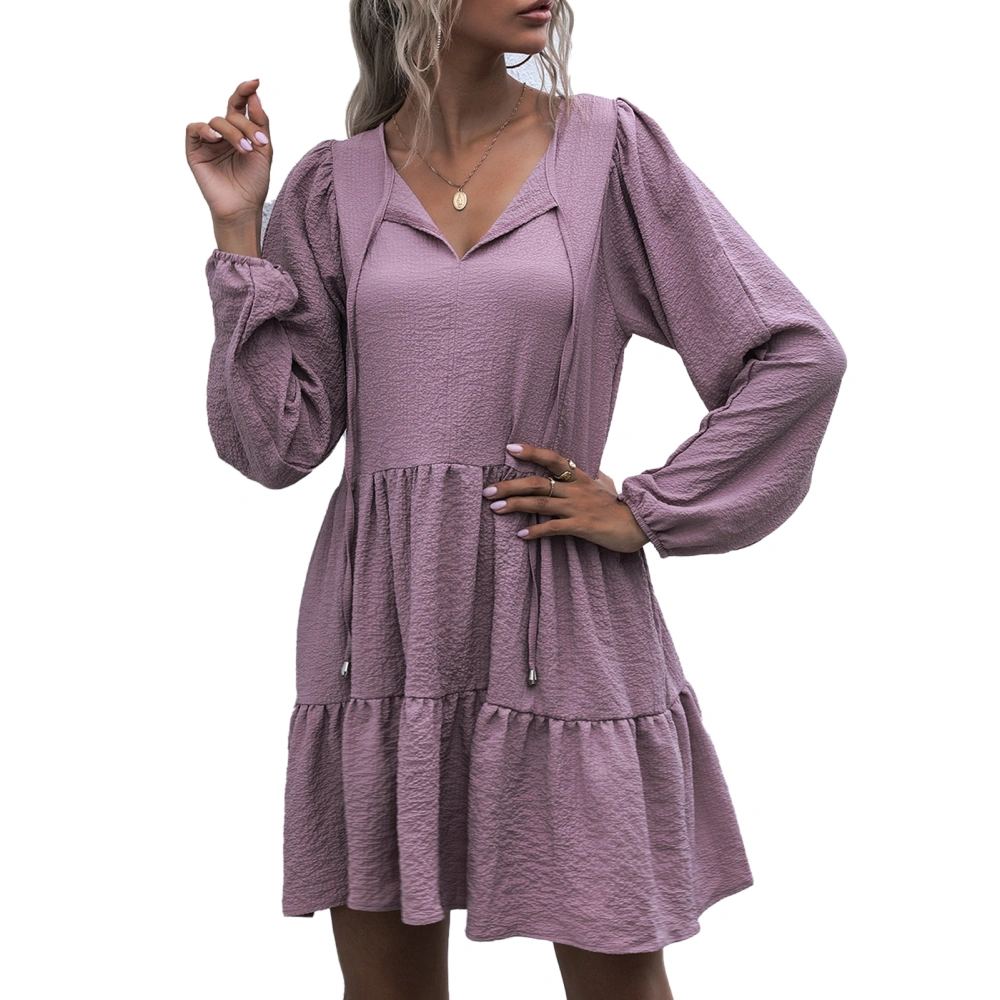 Women V Neck Bow Tie Dress Loose Casual Elegant Fashionable Pure Color Long Sleeve Dress for Dating Party Pinkish Purple S