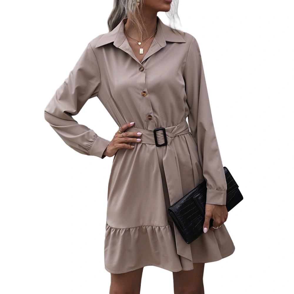 Casual Button Down Shirtdress Lapel Long Sleeve Tie Waist Ruffled Mini Shirt Dress for Office Khaki L