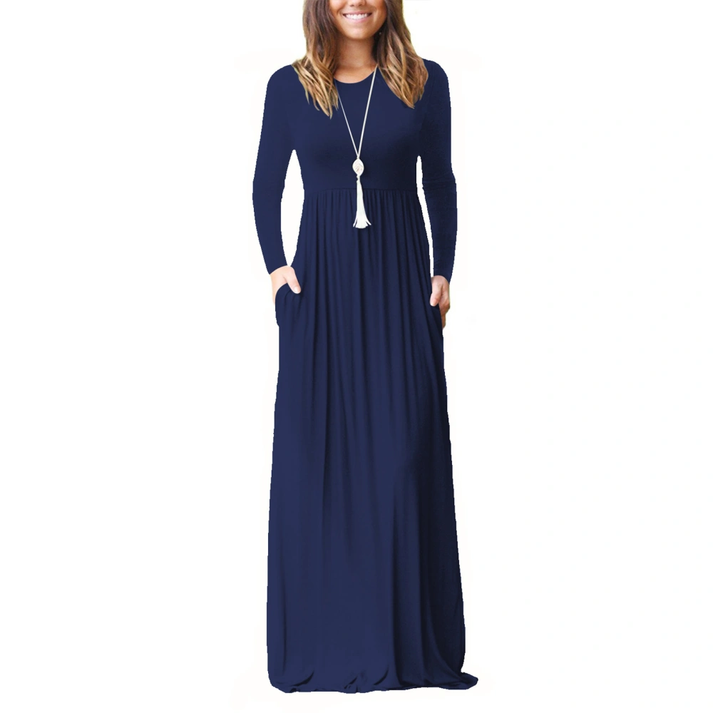 Women Round Neck Long Sleeve Dress Loose Plain Maxi Dresses Side Pockets Casual Long Dresses Purplish Blue S