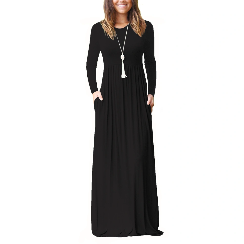 Women Round Neck Long Sleeve Dress Loose Plain Maxi Dresses Side Pockets Casual Long Dresses Black L