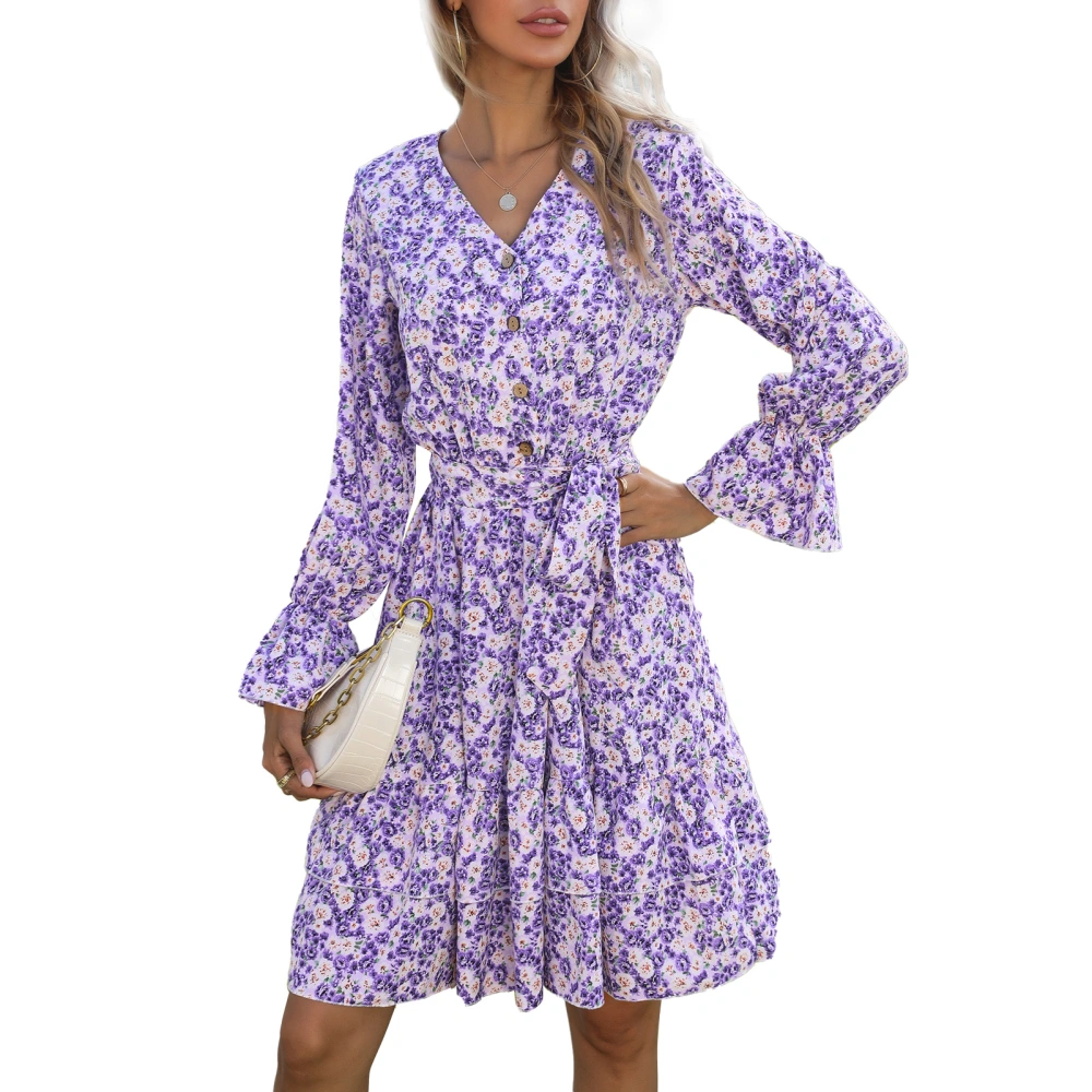 Long Sleeved Dress V Neck Floral Pattern Tie Up Design Single Breasted Pleated Dress for Party Leisure Daily Life Work Purple XL