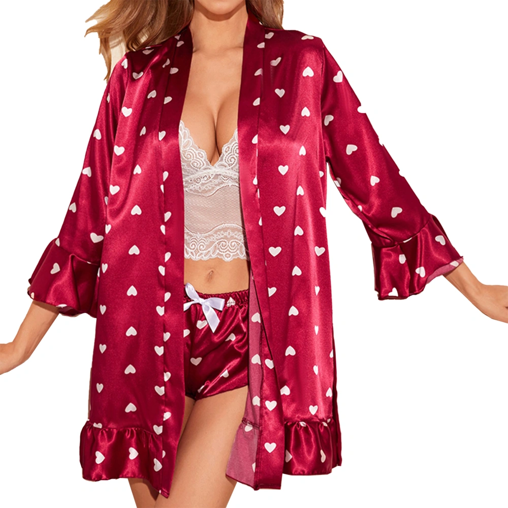 4pcs Women Pajama Set Casual Belted Robe Lace Bralette and Shorts Sleepwear Set for Home Wine Red Heart (Robe + Belt + Bra + Pants) M