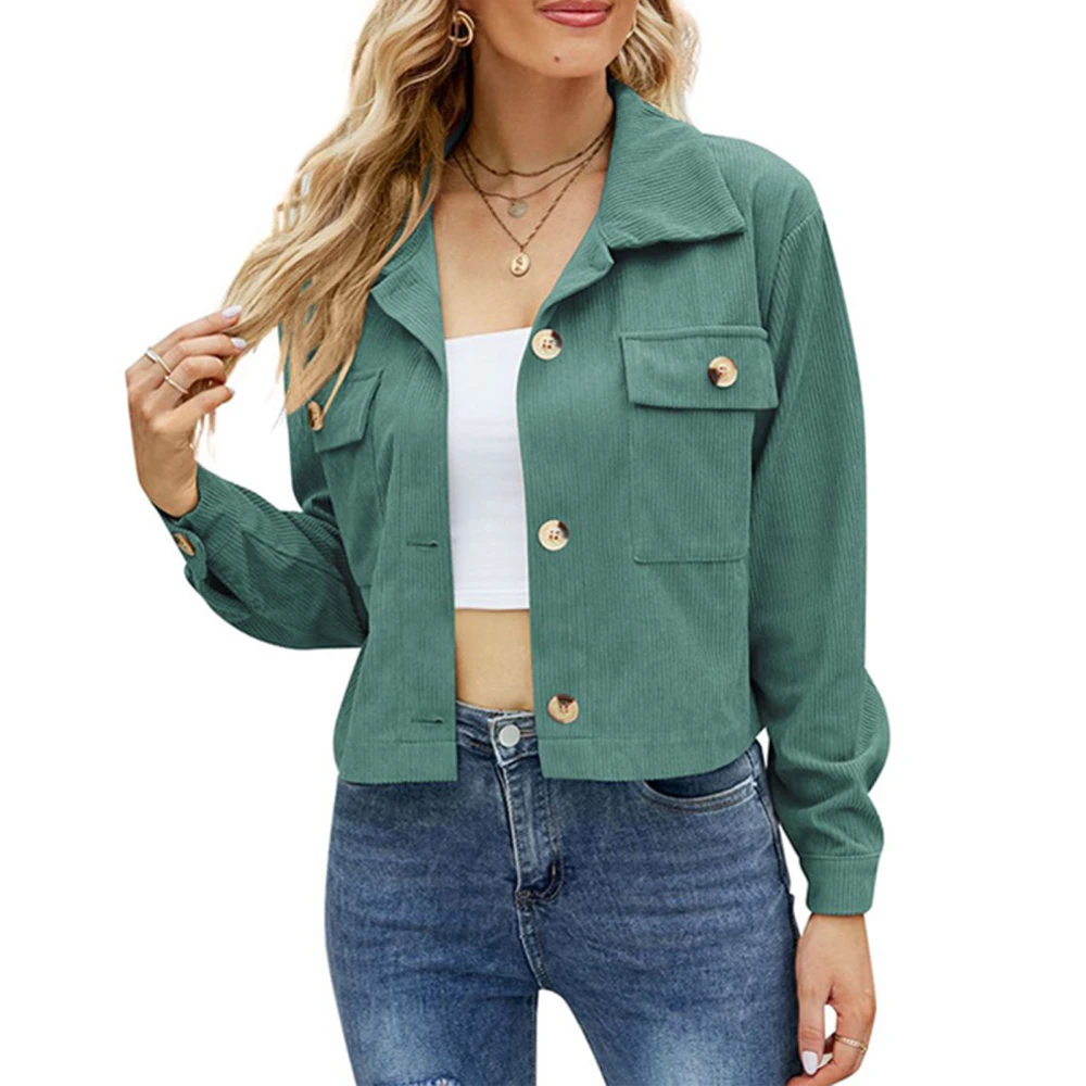 Women Coat Leisure Style Single Breasted Lapels Long Sleeved Corduroy Cropped Jacket for Shopping Green M