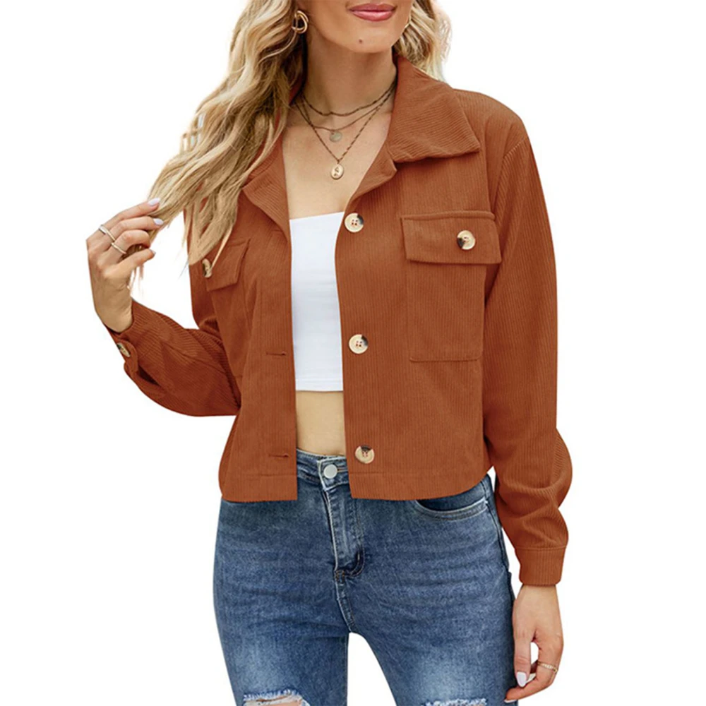 Women Coat Leisure Style Single Breasted Lapels Long Sleeved Corduroy Cropped Jacket for Shopping Caramel Colour XL