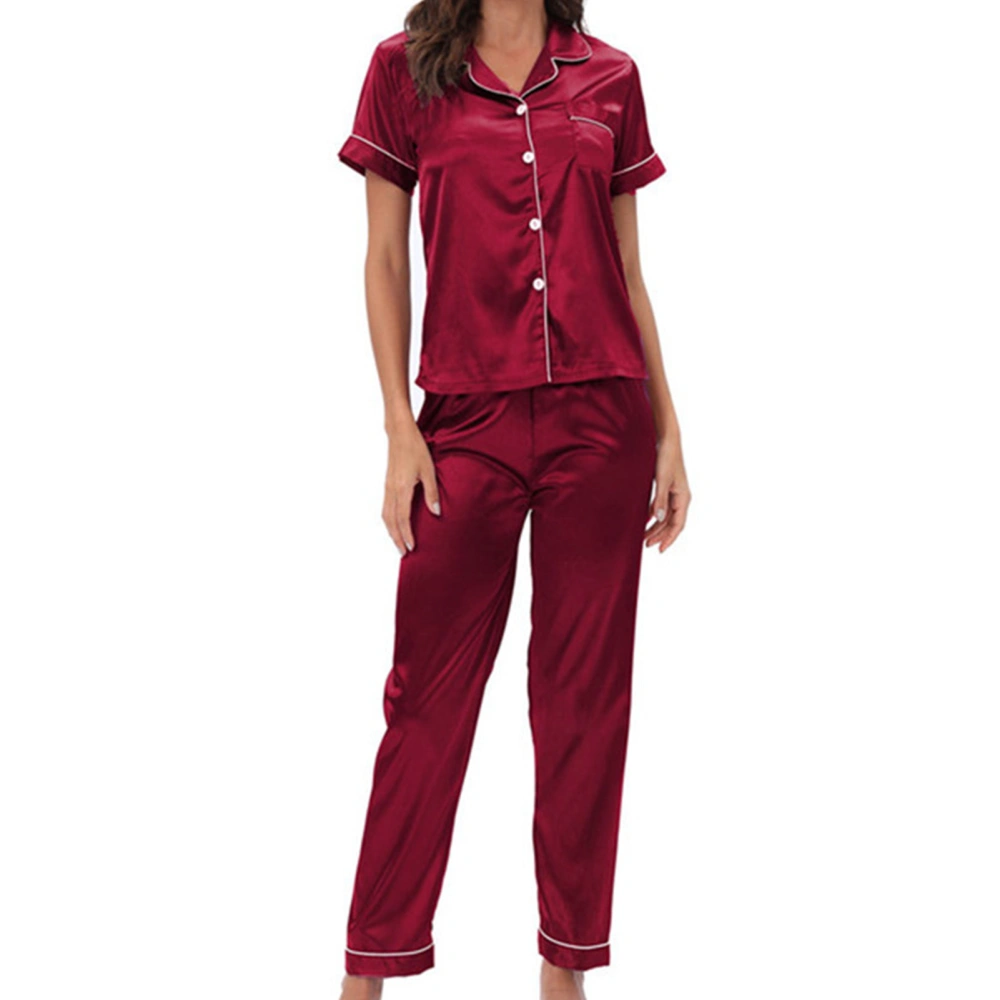 Womens Pajamas Set V Neck Short Sleeve Top Long Pants Comfortable Breathable Satin Pajamas Women with Chest Pocket for Home Red XL