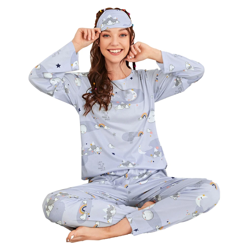 3 Pcs Women Housewear Set Long Sleeve Round Neck Casual Two Piece Pajama Loungewear Set Light Blue Rainbow XL