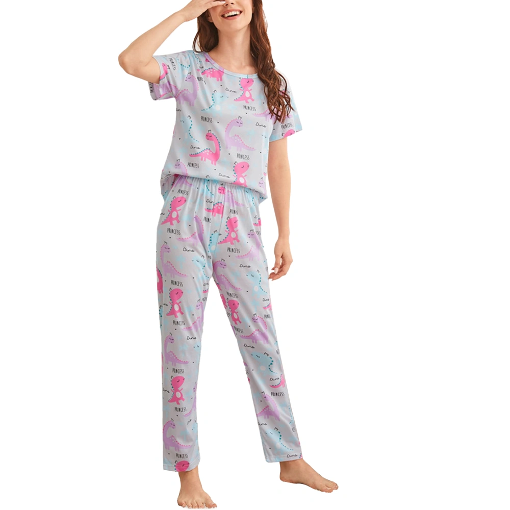 Women Sleepwear Round Neck Short Sleeve Breathable Long Trouser Fashionable Summer Pajamas Pink Dinosaur M