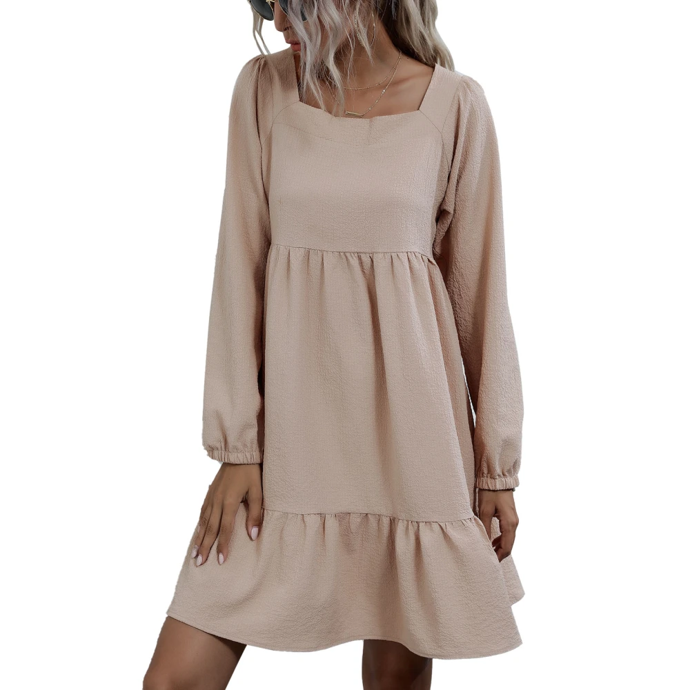 Women Square Neck Dress Pure Color Loose Casual Tie Back Ruffled Long Sleeve Dress for Dating Apricot S