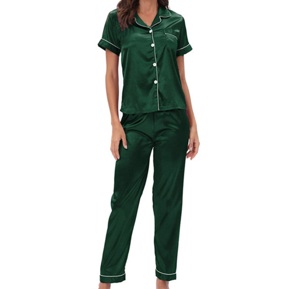 Womens Pajamas Set V Neck Short Sleeve Top Long Pants Comfortable Breathable Satin Pajamas Women with Chest Pocket for Home Green M