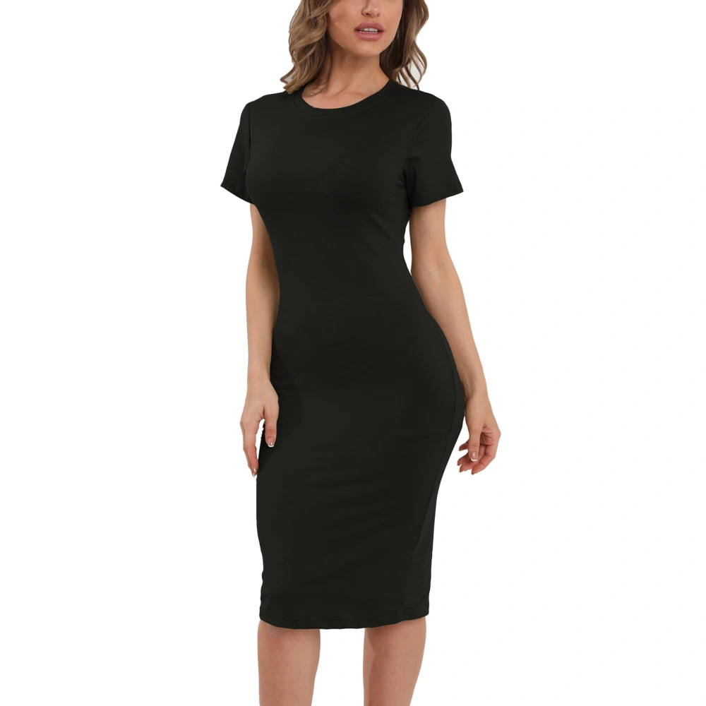 Women Slim Dress Round Neck Short Sleeve Dress High Elasticity Hem Slit Design Casual Dress Black XL