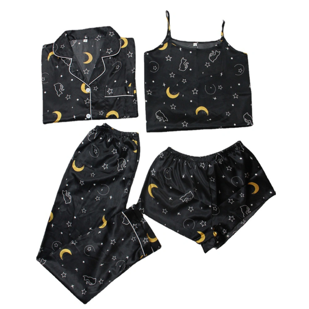 Women 4 Pieces Sleepwear Floral Printed Silky All Season Breathable Pajama Sets for Lady with Spaghetti Strap Top Black M