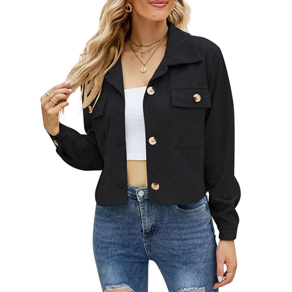 Women Coat Leisure Style Single Breasted Lapels Long Sleeved Corduroy Cropped Jacket for Shopping Black M