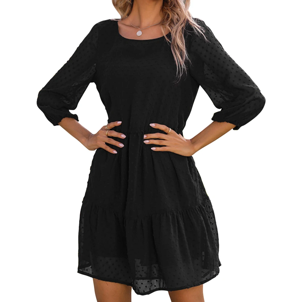 3/4 Sleeve Mesh Lace Dress Women Loose Casual Breathable Pure Color Crewneck Swiss Dot Dress for Party Black L