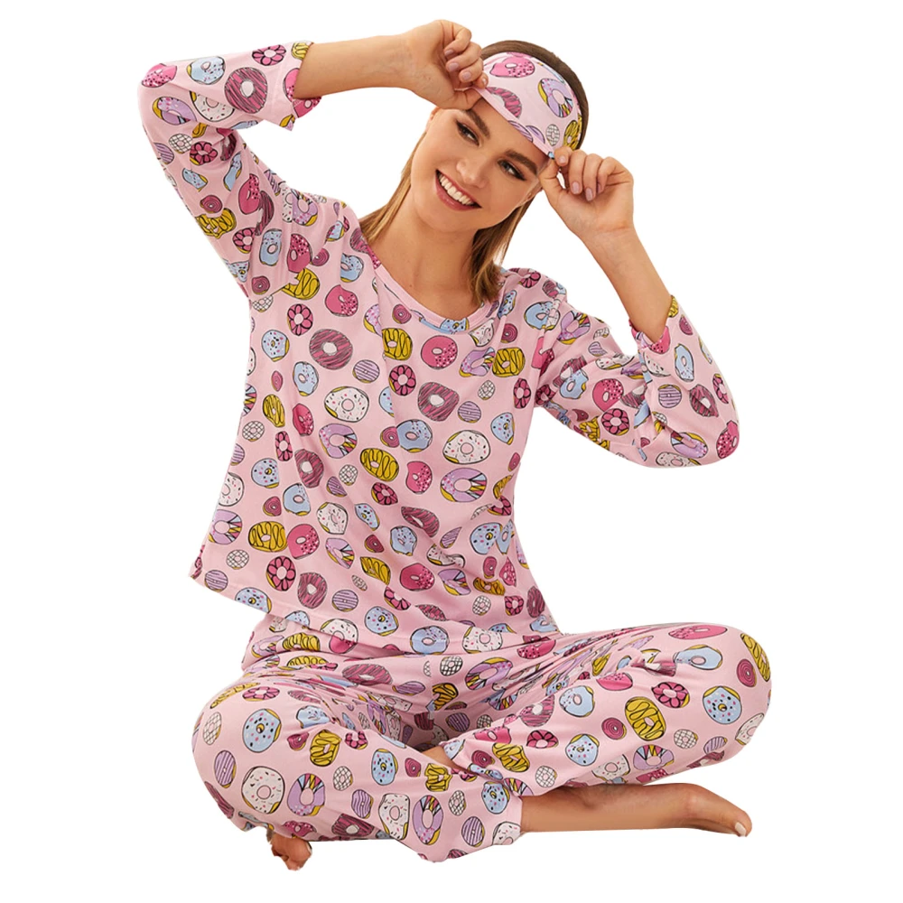 3 Pcs Women Housewear Set Long Sleeve Round Neck Casual Two Piece Pajama Loungewear Set Doughnut L