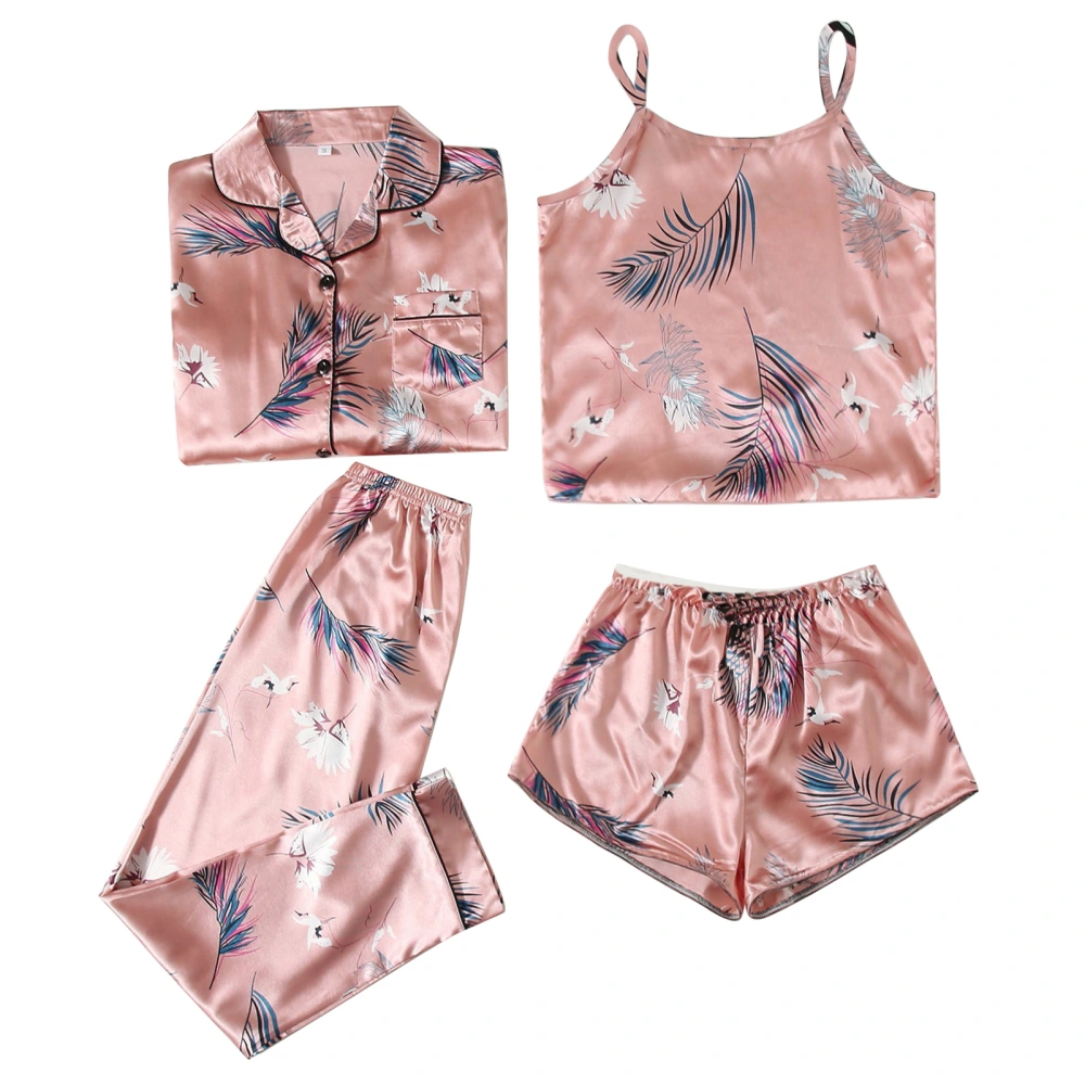 Women 4 Pieces Sleepwear Floral Printed Silky All Season Breathable Pajama Sets for Lady with Spaghetti Strap Top Pink L