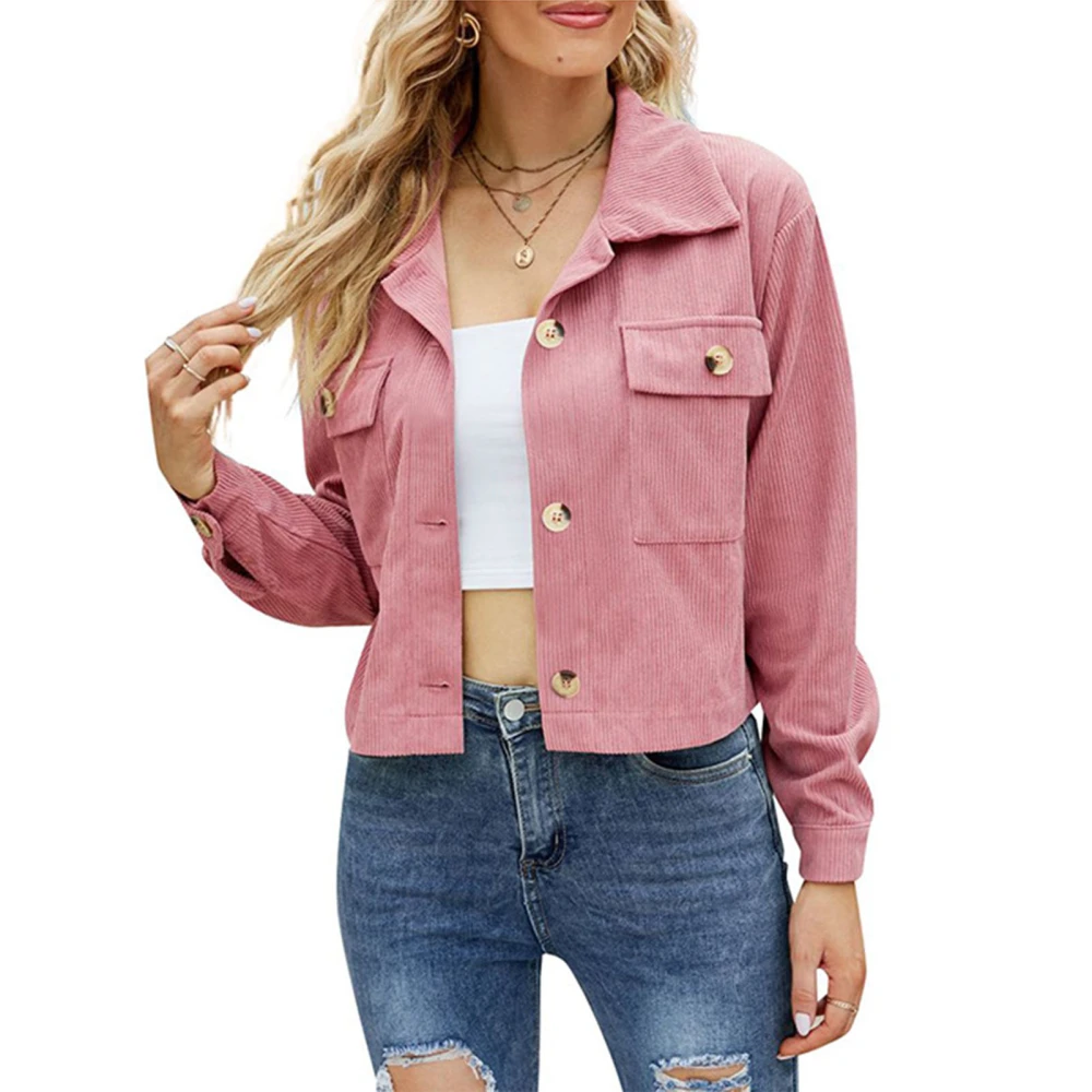 Women Coat Leisure Style Single Breasted Lapels Long Sleeved Corduroy Cropped Jacket for Shopping Pink S