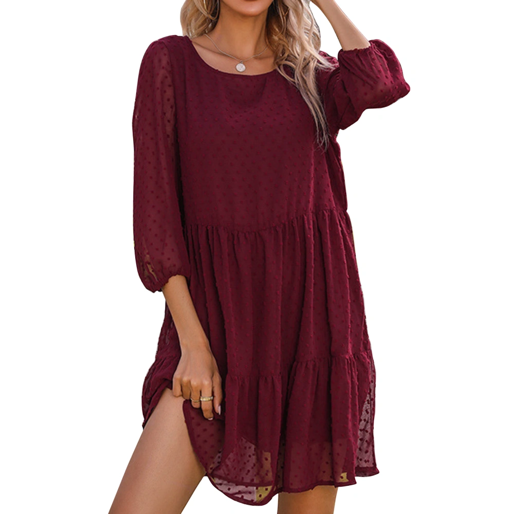 3/4 Sleeve Mesh Lace Dress Women Loose Casual Breathable Pure Color Crewneck Swiss Dot Dress for Party Burgundy M