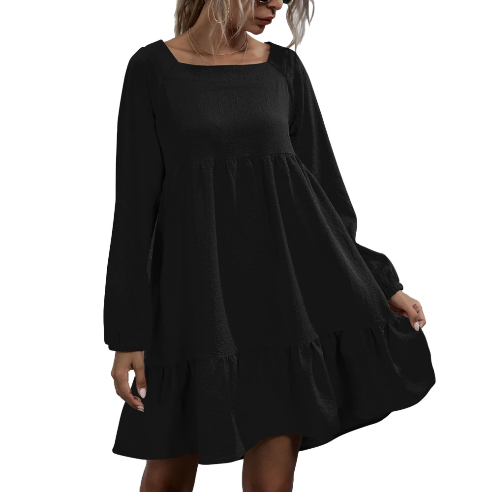 Women Square Neck Dress Pure Color Loose Casual Tie Back Ruffled Long Sleeve Dress for Dating Black M