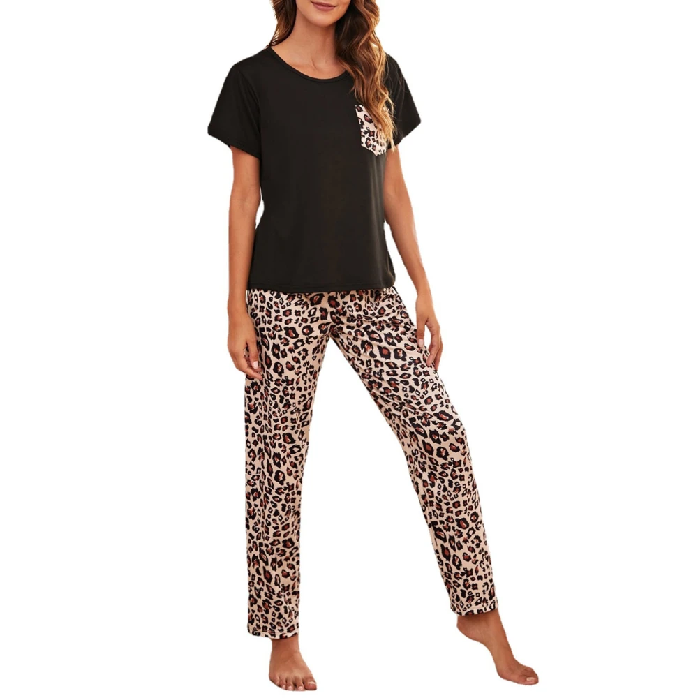 3Pcs Leopard Print Pajama Set Polyester Breathable Panel Short Sleeve Round Neck Womens Pajama Set Black S