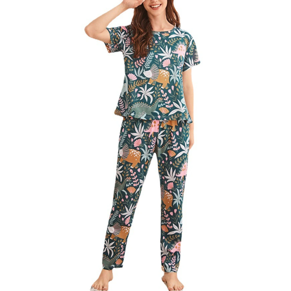 Women Sleepwear Round Neck Short Sleeve Breathable Long Trouser Fashionable Summer Pajamas Botanical Garden S