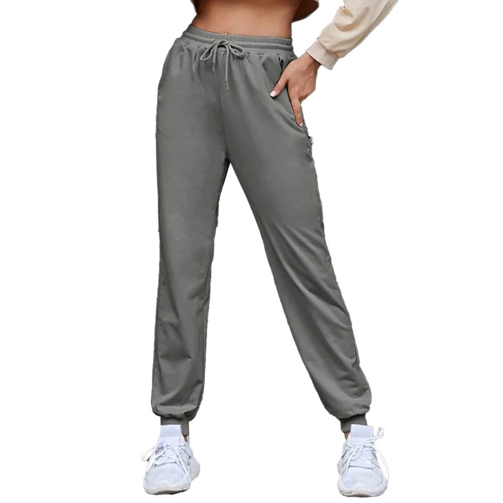 Sweatpants Elastic Waist Pure Color Drawstring Pocket Casual Long Sports Pants for Women Grey M