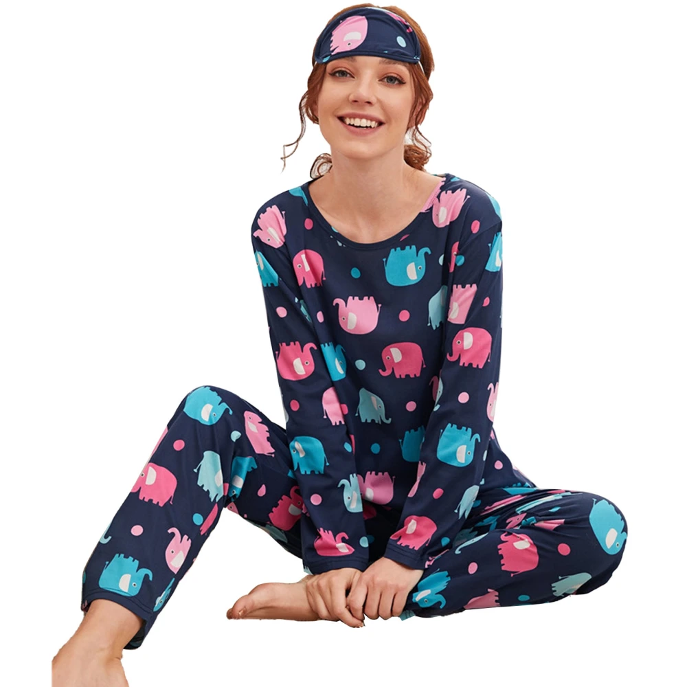 3 Pcs Women Housewear Set Long Sleeve Round Neck Casual Two Piece Pajama Loungewear Set Elephant M