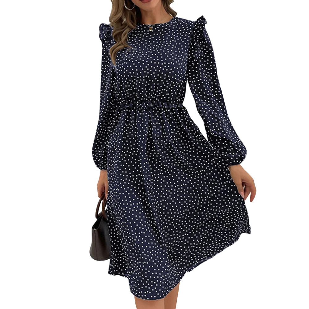 Women Dress Polyester Fiber Cotton Long Sleeve Pleated Ruffled Round Neck High Waist Swiss Dots Female Dress Purplish Blue L