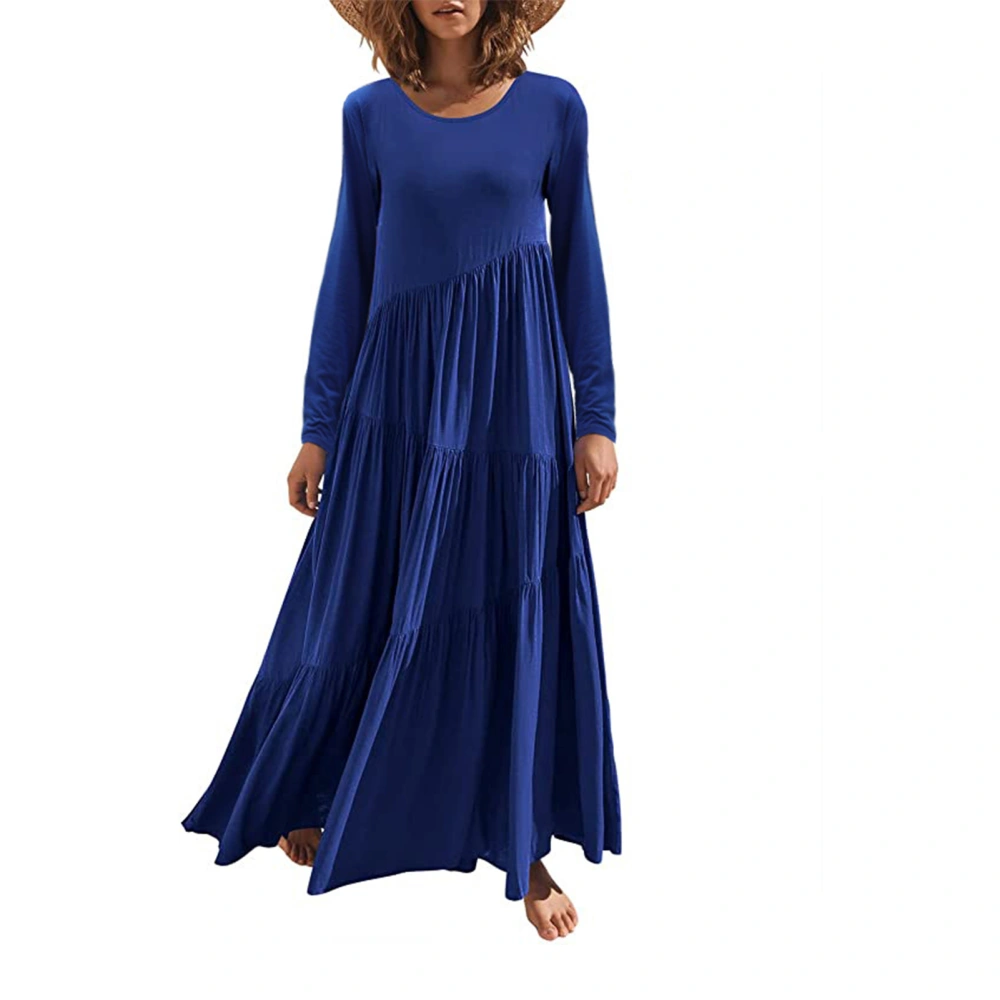 Women Crew Neck Maxi Dress Long Sleeves Loose Pure Color High Waist Causal Layered Beach Long Dress for Vacations Dates Royalblue XL