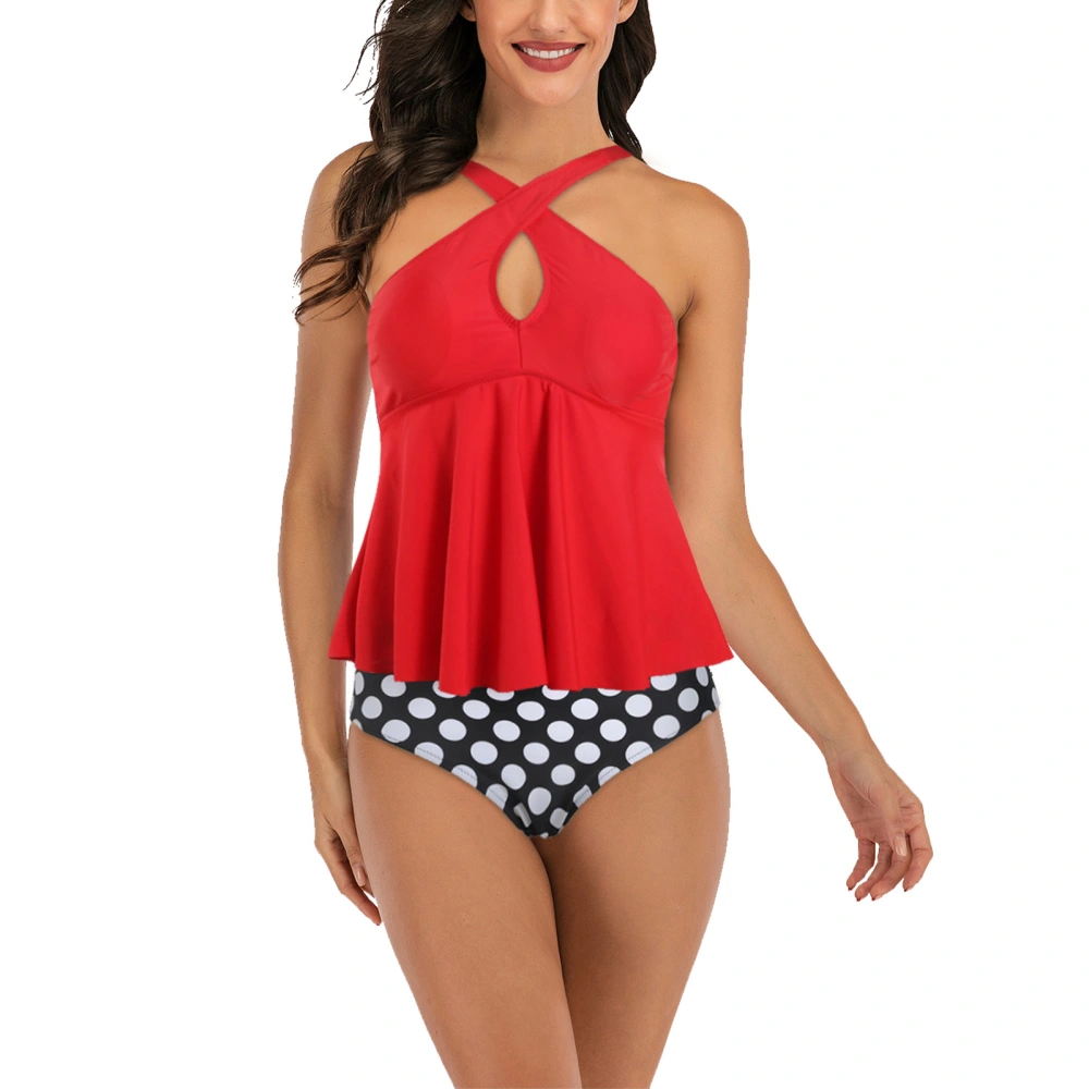 Tankini Swimsuit Women Fashionable Elegant Cross Hollow Tops 2 Piece Bathing Suit for Beach Party Red L