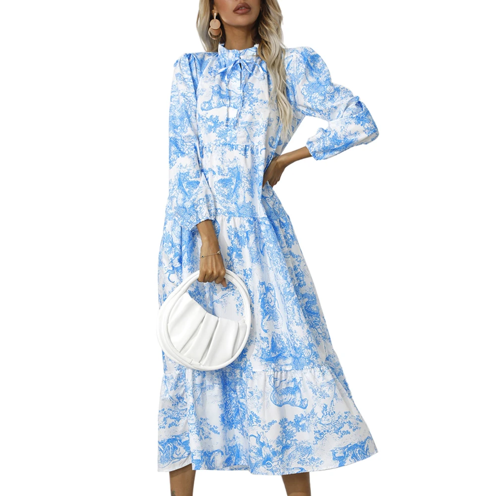 Woman Printed Dress Soft Frill Trim Stand Collar Drawstring Tie Neck Long Hemline Loose Breathable Dress Blue M