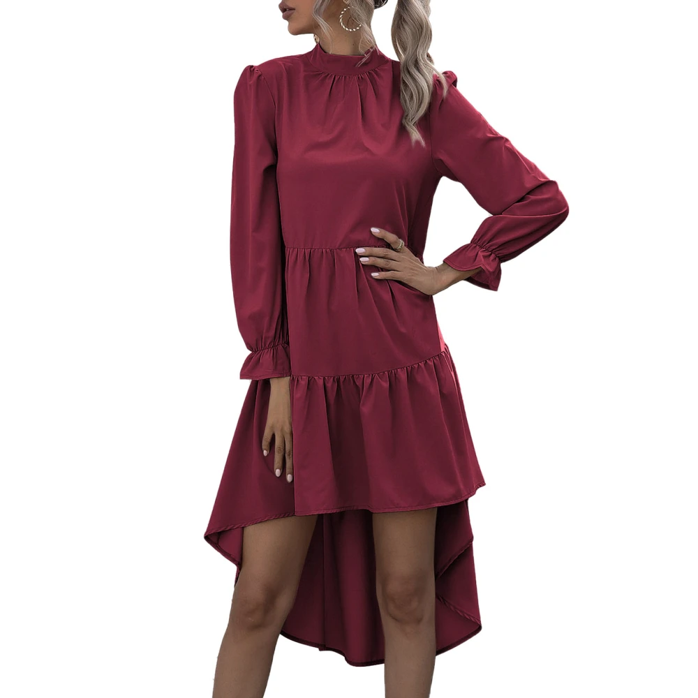 Women Dress One Piece Long Sleeve Mock Neck Pure Color Irregular Hem for Home Office Wine Red L