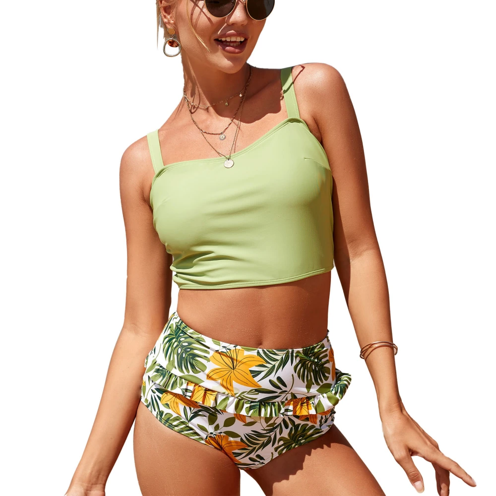 Women 2 Piece Bikini Spaghetti Strap Backless Top Floral Print Lower for Beach Pool Parties Green S