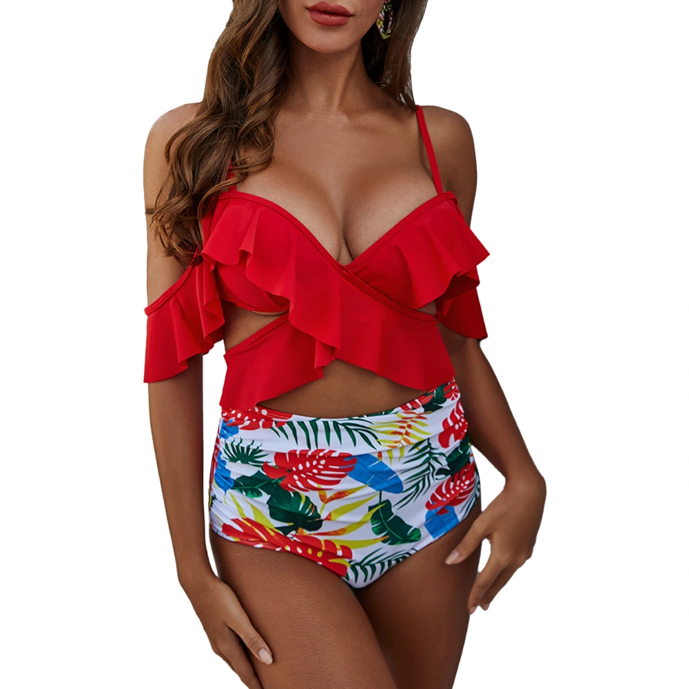 Women Bikini Swimsuit Fashionable Elegant Ruffle Tops Floral Print Swim Shorts 2 Piece Bathing Suit Red M