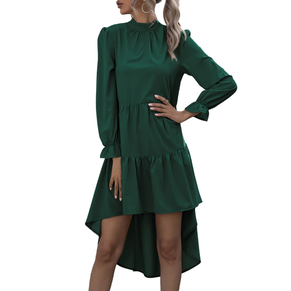 Women Dress One Piece Long Sleeve Mock Neck Pure Color Irregular Hem for Home Office Green L