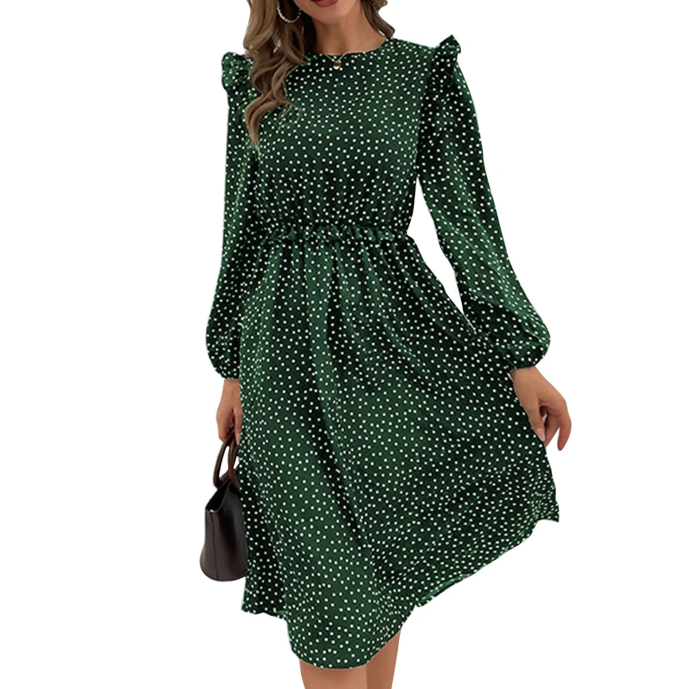 Women Dress Polyester Fiber Cotton Long Sleeve Pleated Ruffled Round Neck High Waist Swiss Dots Female Dress Green S