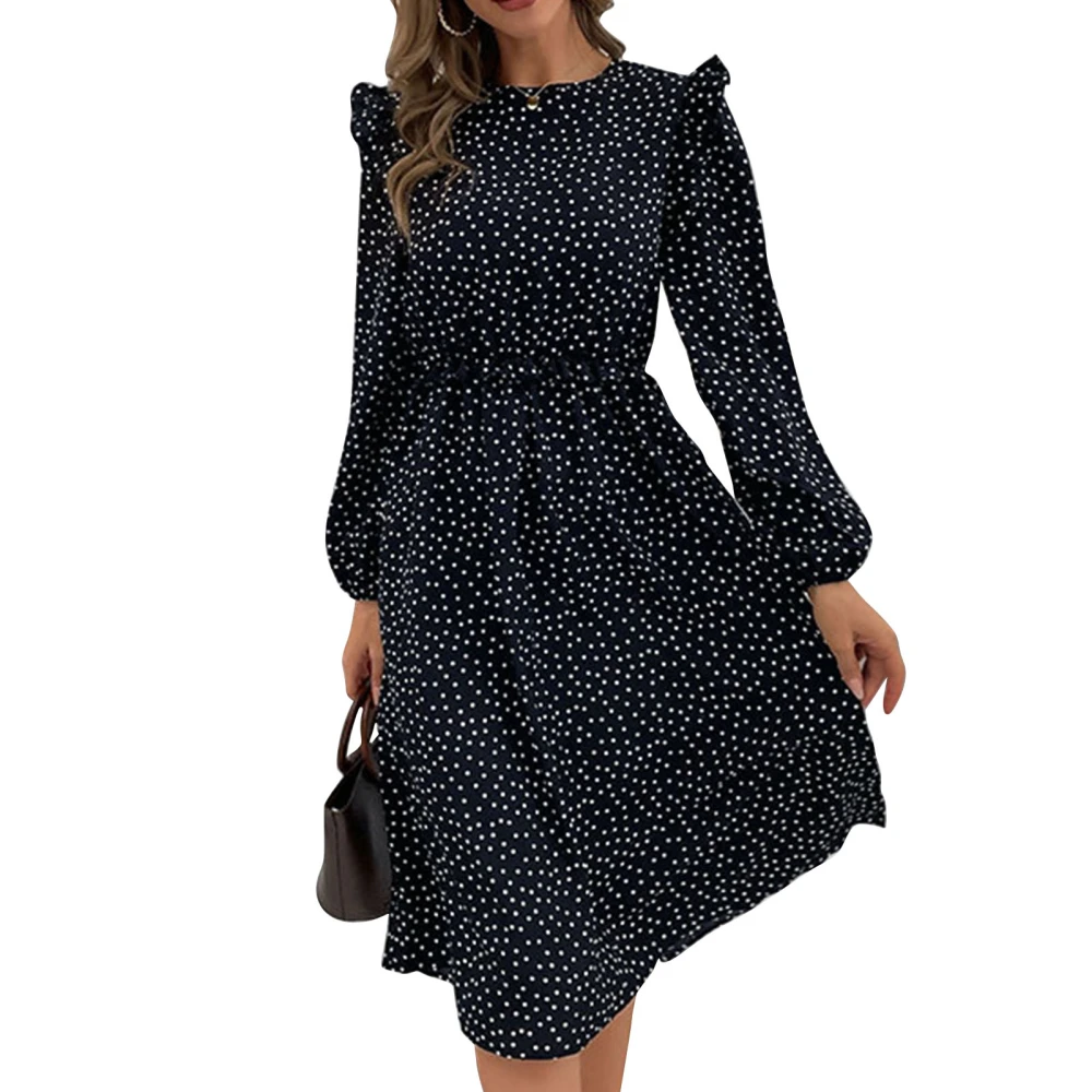 Women Dress Polyester Fiber Cotton Long Sleeve Pleated Ruffled Round Neck High Waist Swiss Dots Female Dress Black L