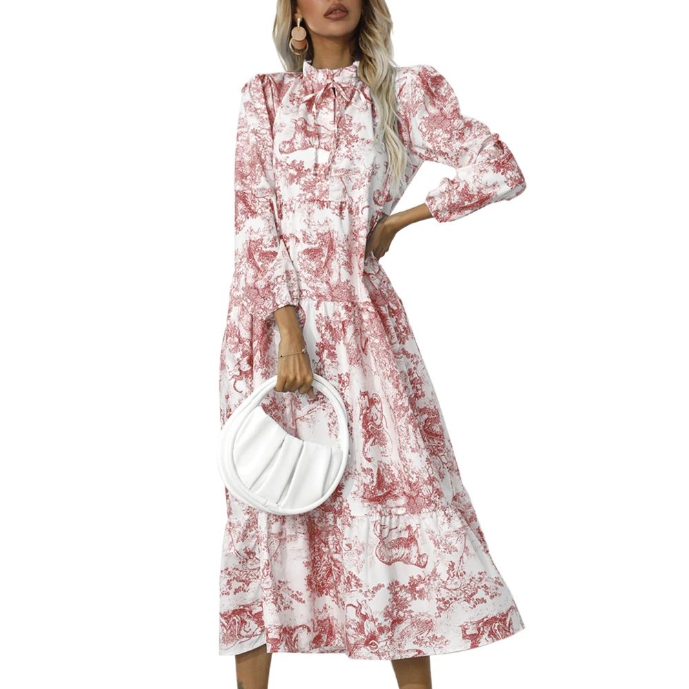 Woman Printed Dress Soft Frill Trim Stand Collar Drawstring Tie Neck Long Hemline Loose Breathable Dress Red XL