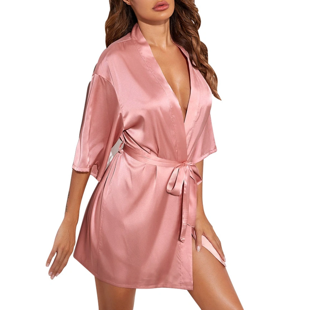 Women Belted Pajama Robe V Neck Wrap Long Sleeve Sleepwear for Bathing SPA Wear Pink M