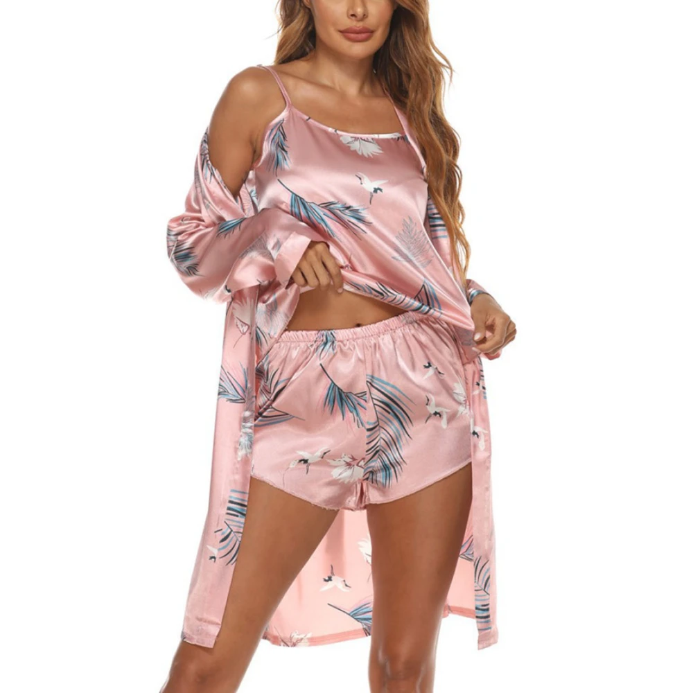 3 Pcs Pajama Set Tank Top Shorts Lounge Wear with Long Sleeve Robe Belted Sleepwear Sets Pink L