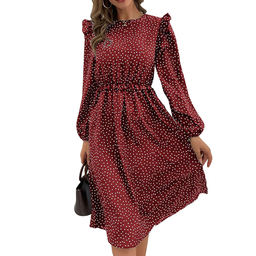 Women Dress Polyester Fiber Cotton Long Sleeve Pleated Ruffled Round Neck High Waist Swiss Dots Female Dress Wine Red XL